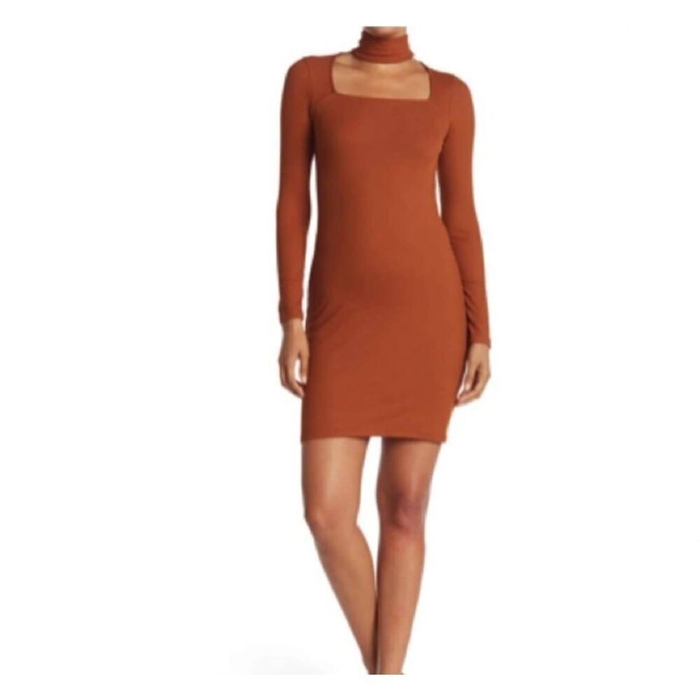 Dual Nature Mini Bodycon Dress Womens XL Brown Long Sleeve Ribbed Stylish Wear‎